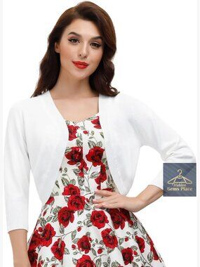White 3/4 Sleeve Bolero Shrug Cropped Cardigan Lightweight Knit Summer